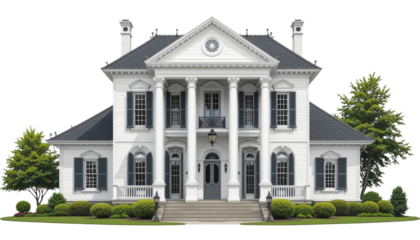 Elegant white mansion facade suburban neighborhood architectural photography bright daylight front view classic design elements for real estate appeal