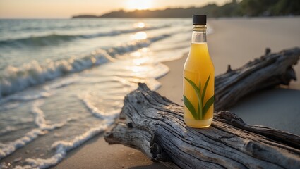 Obraz premium Juice bottle on driftwood at sunset near ocean waves