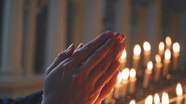 Praying hands with faith in religion and belief in God on dark background. Power of hope or love and devotion. Namaste or Namaskar hands gesture. Prayer position. Praying in Church