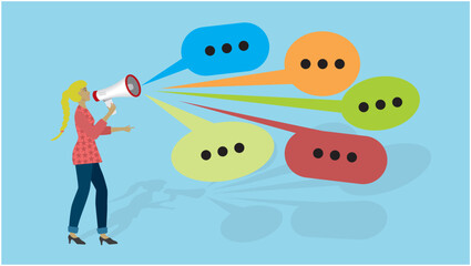 Woman trying to shout out all her messages. Megaphone and speech bubbles. Dimension 16:9. Vector illustration.