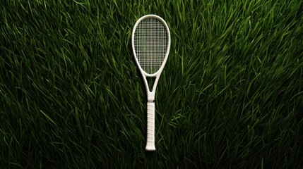 A white tennis racket with a black handle and strings.