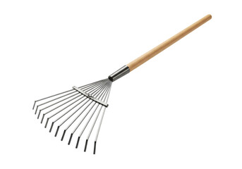 Metal Leaf Rake with Wooden Handle  Gardening Tool Image isolated on white background