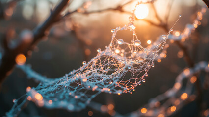 Obraz premium Delicate Perlamutter Web Dripping with Iridescent Dewdrops at Dawn