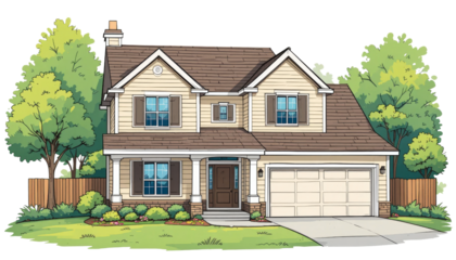 Charming family home exterior design suburban neighborhood architectural illustration lush green environment front view cozy living concept for dream homes