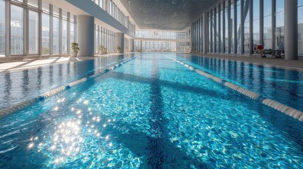 Fototapeta premium Clean and vibrant indoor pool with sparkling water, brightly lit, and designed with a contemporary style, empty of swimmers