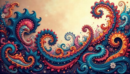 Abstract paisley design, muted tones, flowing lines and shapes, print, elegant