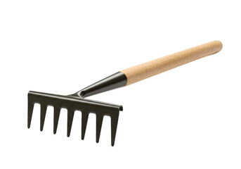 Gardening Hand Rake Tool Wooden Handle Black Metal Garden Tool isolated on white background