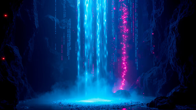 Neon Digital Waterfall – Abstract Binary Code Streams Against Dark Background