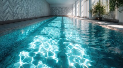 Clear water in a bright, vibrant indoor pool with geometric tiles and soft light from above, no people visible