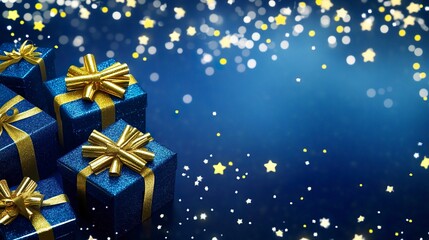 Blue gift boxes with glittering golden bows on a shimmering blue background filled with stars. Bright, radiant lighting, eye-level view, elegant and festive.  