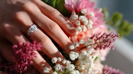 Fototapeta premium Close-up of hands with wedding rings over a bouquet of flowers, soft natural lighting