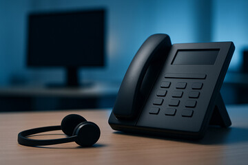 Office Desk Phone with Headset in Dimly Lit Workspace