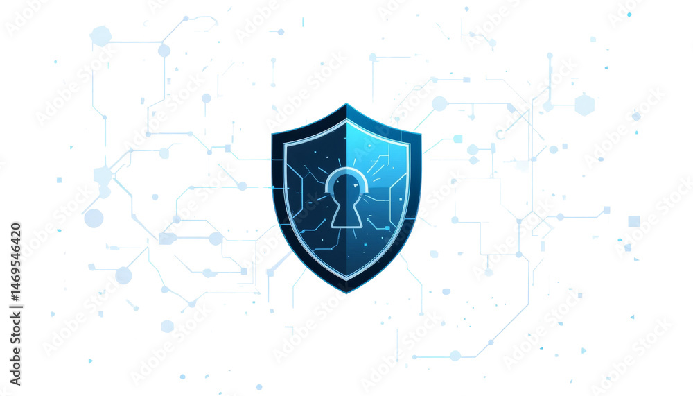 Poster cybersecurity action protecting digital assets with shield icon online environment graphic design mo