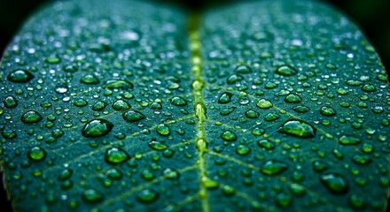Macro Photography of Dew Drops on a Lush Green Leaf, Nature's Exquisite Jewel-Toned Detail. High quality professional stock photo suitable for commercial use.