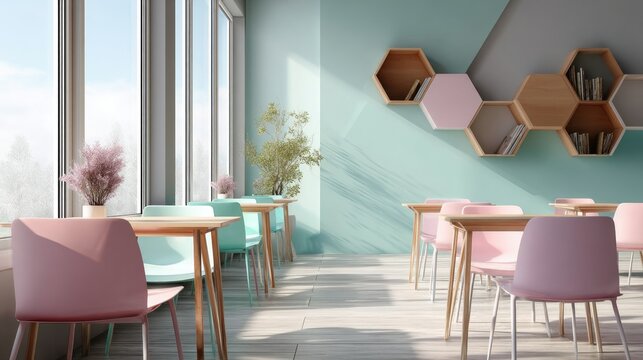 Creative classroom setup with hexagonal desks and modern chairs in pastel tones, no people