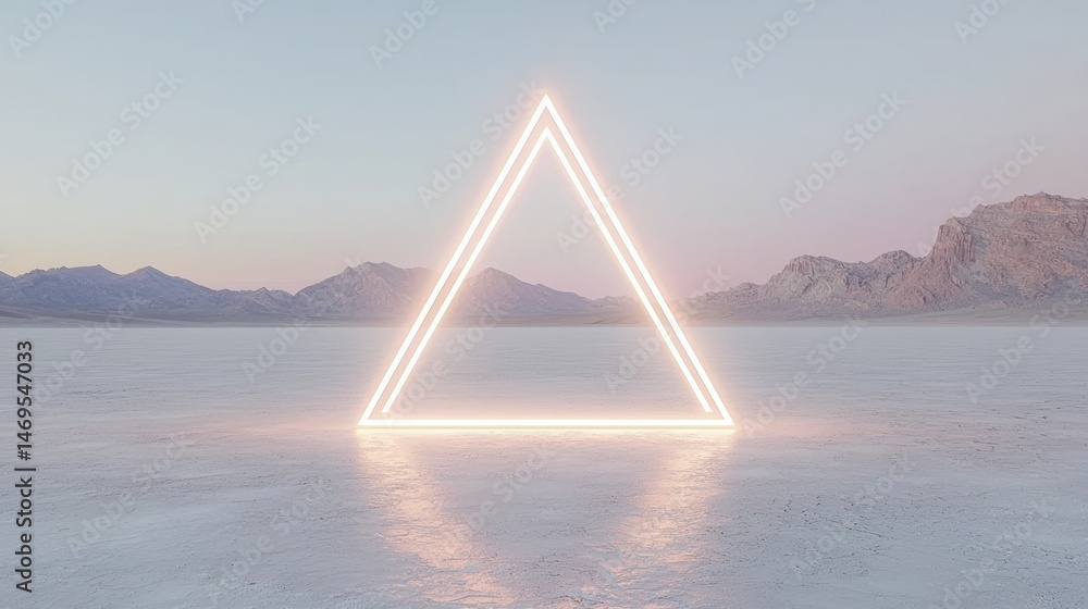 Poster a white triangle with a glowing light on top, casting a reflection on the ground below.