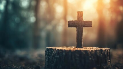 Cross made of barkcovered wood, floating in spiritual golden mist, deep sacred tone