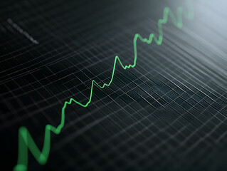 Closeup of green line graph showing upward trends on dark digital grid background, symbolizing financial growth and data analysis with modern and dynamic feel