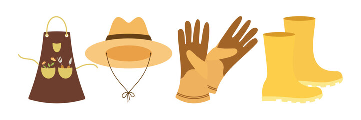 Colorful gardening elements including tools, plants, fences, and decorations