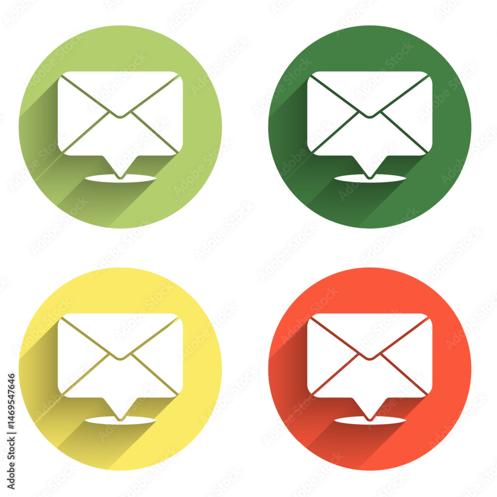 Aufkleber set envelope icon isolated with long shadow background. email message letter symbol. color circle bu
