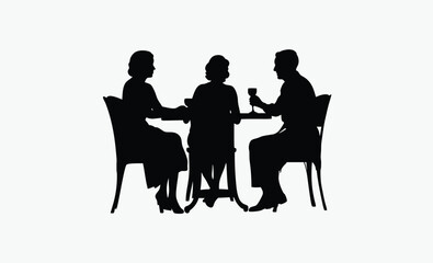 table conversation silhouette, coffee meeting pair, seated couple talking, black white discussion, casual table pose, man woman dialogue, coffee break scene, social interaction silhouette