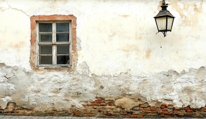 Aged building facade with window and lantern