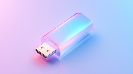 A USB flash drive with a pink and blue gradient background.