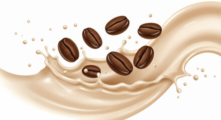Several shiny brown beans suspended in the air above a spray of milk and coffee on a transparent white background, for vector illustration