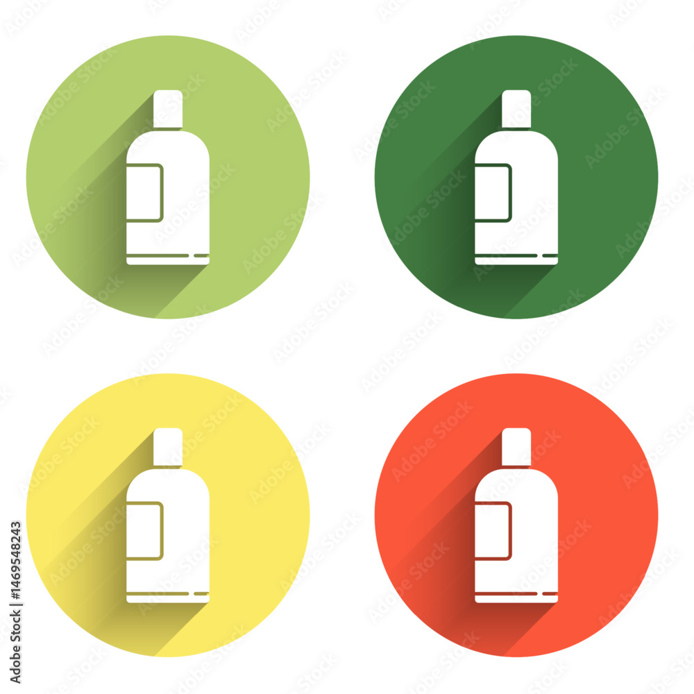 Aufkleber set bottle of shampoo icon isolated with long shadow background. color circle button. vector