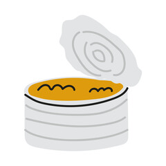 Open can of food with visible contents and lid resting on top during kitchen preparation