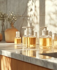 Elegant bathroom display with glass bottles and natural light