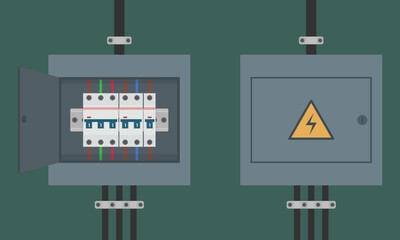 Electrical circuit breaker panel with open and closed doors. Vector image illustrating electrical safety equipment, suitable for educational or industrial purposes