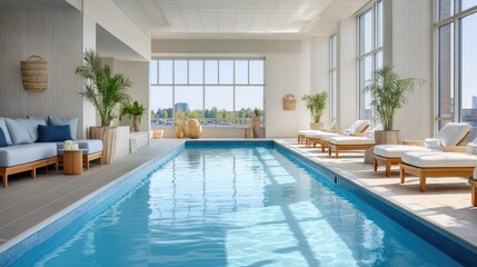 Empty indoor pool area featuring serene blue water, high ceilings, and sleek poolside furniture