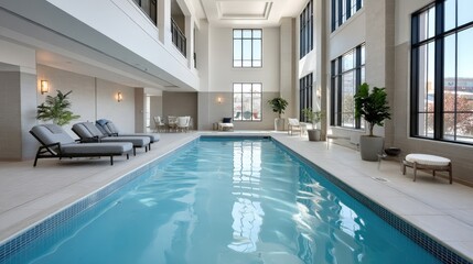 Fototapeta premium Empty indoor pool area featuring serene blue water, high ceilings, and sleek poolside furniture