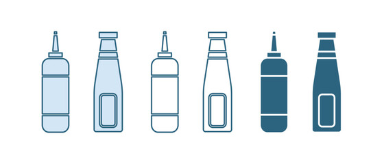 Fototapeta premium Blue Sauce bottle icon isolated on white background. Ketchup, mustard and mayonnaise bottles with sauce for fast food. Vector