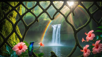 Waterfall and Rainbow Scene with Hummingbird and Tropical Flowers