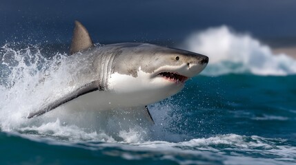 Fototapeta premium Powerful white shark leaping out of the ocean