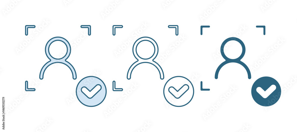 Poster blue face recognition with check mark icon isolated on white background. face identification scanner
