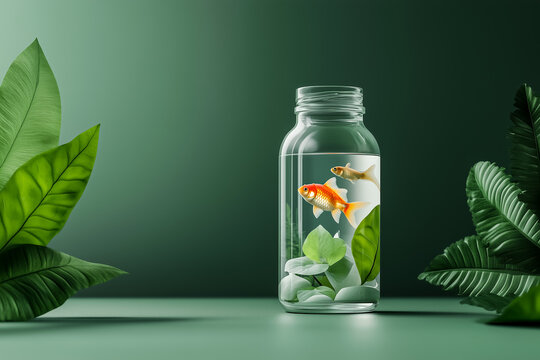 A serene glass jar with goldfish and lush green leaves, creating a tranquil indoor aquascape.