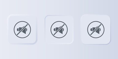 Grey Speaker mute icon isolated on grey background. No sound icon. Volume Off symbol. Set icons in square buttons. Vector