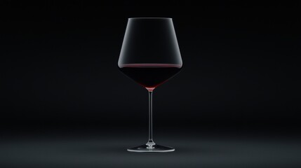 A tall, slender wine glass filled with red wine stands against a black background.