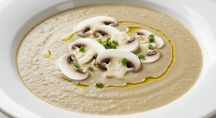 Mushroom soup in a white bowl with sliced mushrooms and herbs.