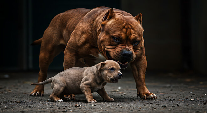 Intimidating adult pitbull dog with teeth bared protecting a cute puppy snarling and looking aggressive on a concrete ground
