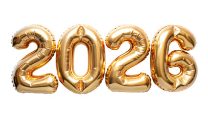 Golden color Ballon text effect for Happy new Year 2026 Isolated on white background. Transparent PNG file available.
