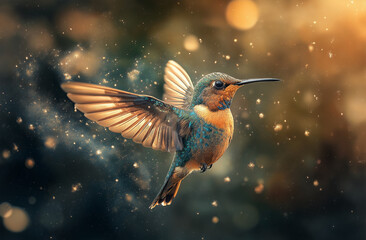 Naklejka premium A colorful hummingbird flying with its wings spread, captured in motion by the camera's fast shutter speed.