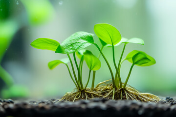 Vibrant green seedlings emerge from soil, showcasing healthy growth and the beauty of nature in a serene environment.