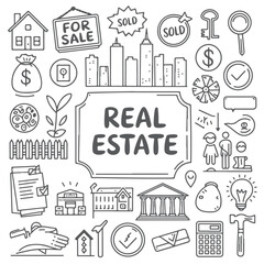 Set of real estate doodle on white background. Hand drawn abstract doodle isolated on white background.