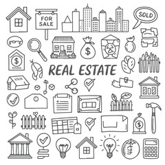 Set of real estate doodle on white background. Hand drawn abstract doodle isolated on white background.