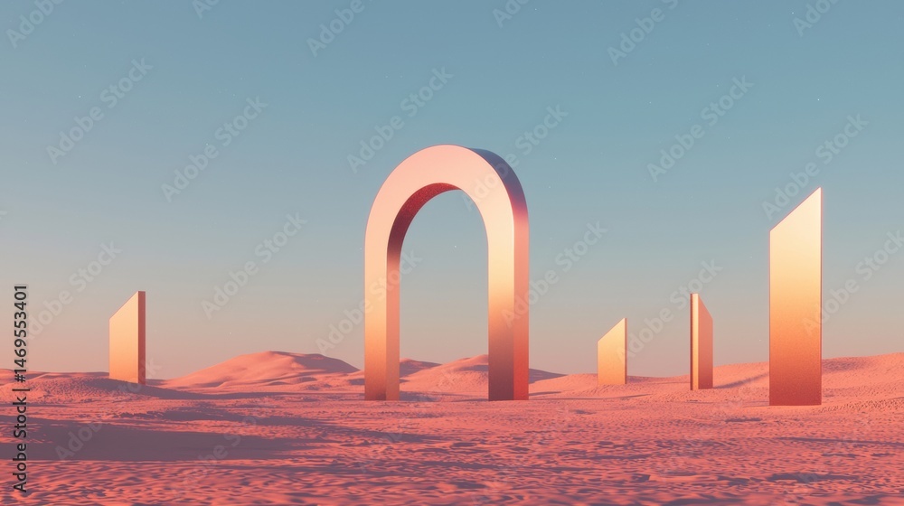 Aufkleber a surreal desert landscape with a large archway and smaller triangular structures.