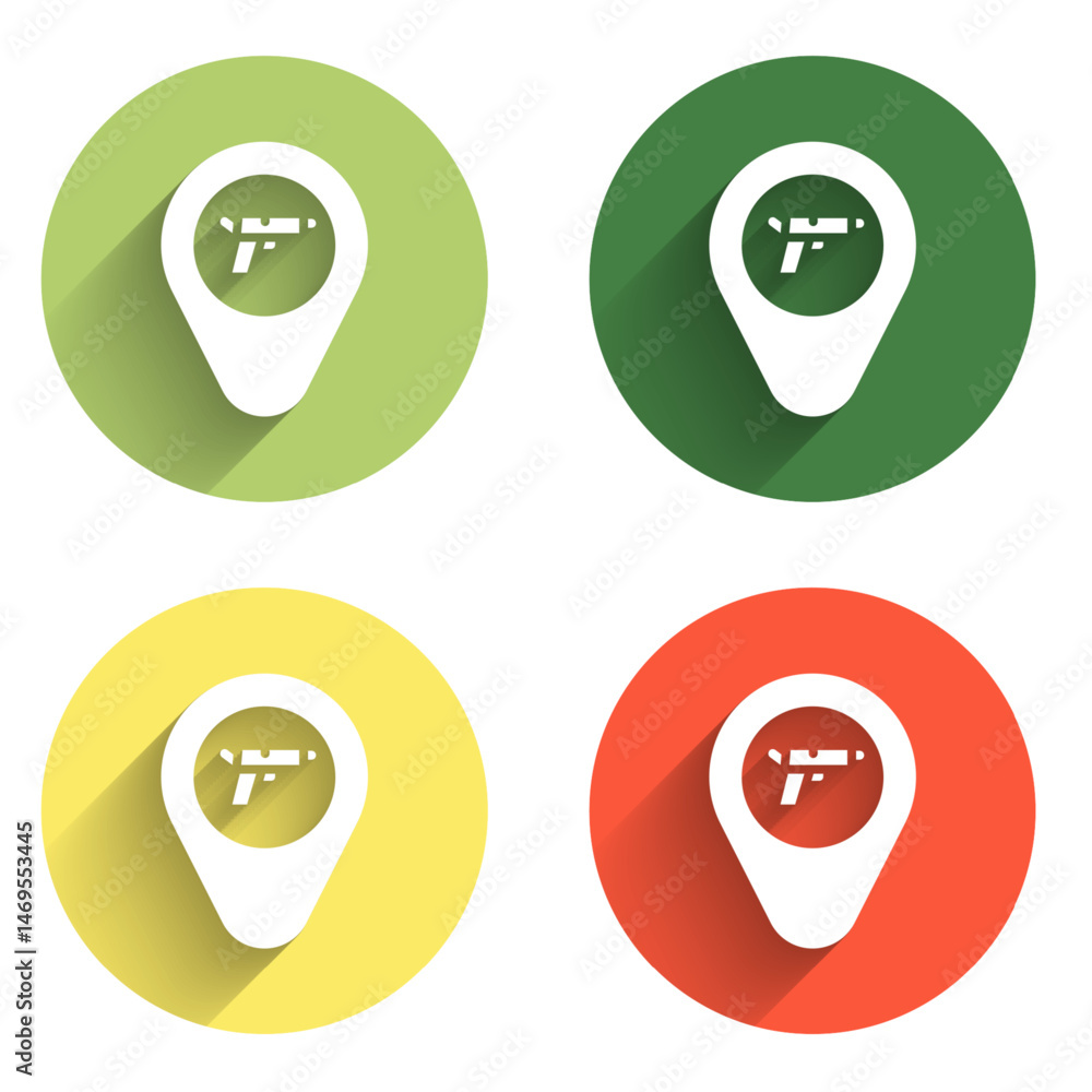 Aufkleber set location with weapon icon isolated with long shadow background. color circle button. vector